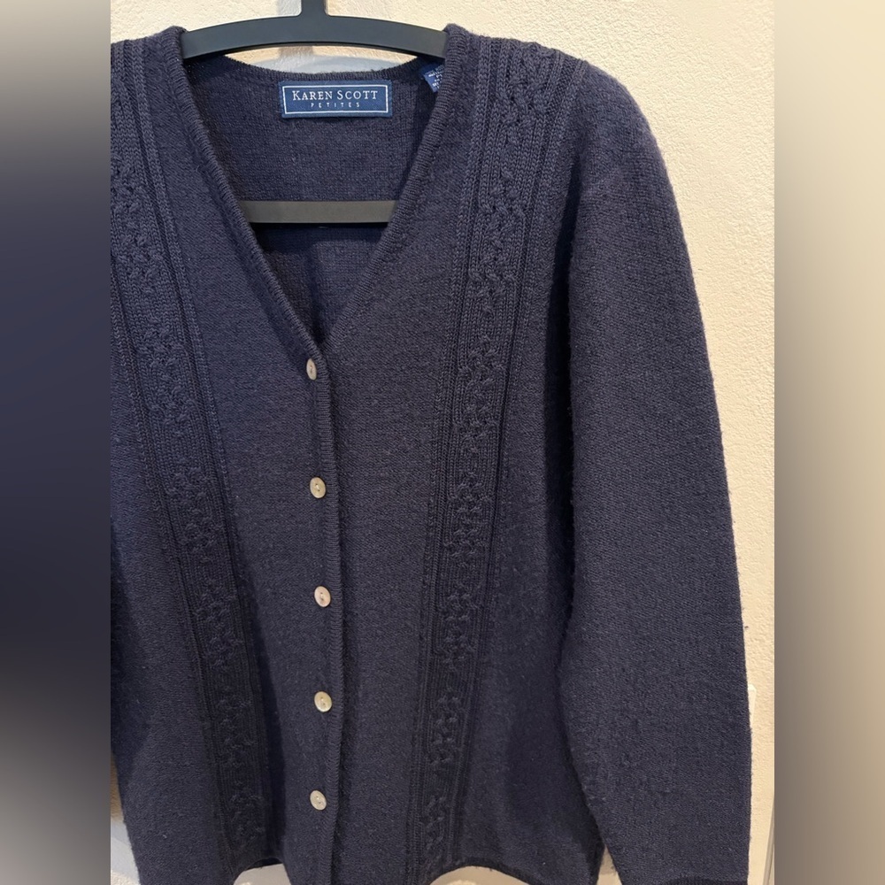 Karen Scott Australian Wool Waist Length Navy Blue Cardigan Women’s Size Pet L - Picture 7 of 13